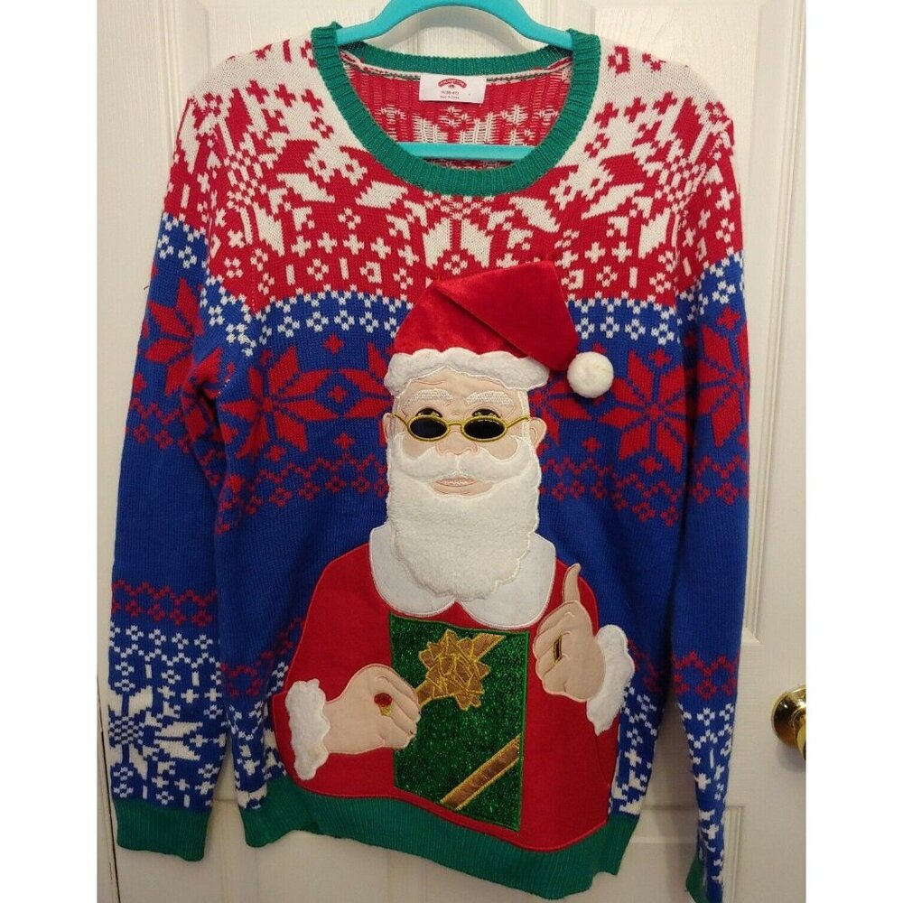 Holiday Time Santa Claus Ugly Christmas Sweater W REAL Cup Beer Holder Size M